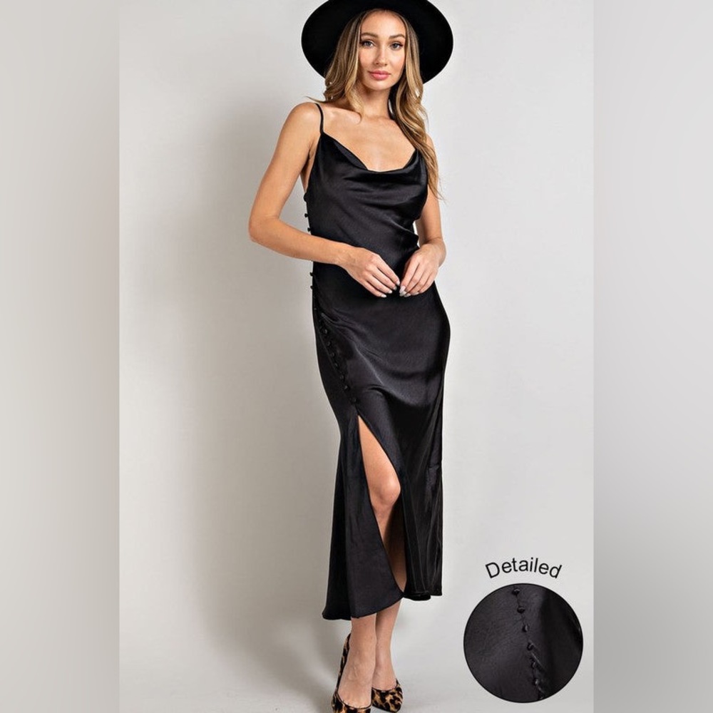 Zara Black Satin Cowl Neck Slit Maxi Dress size XL